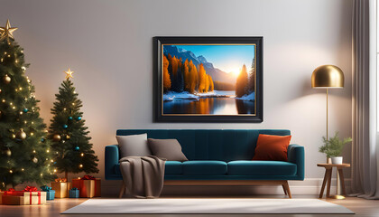 Living room interior mockup with photo frame for poster on the wall of the house. Modern interior design with finishing. 3D rendering,