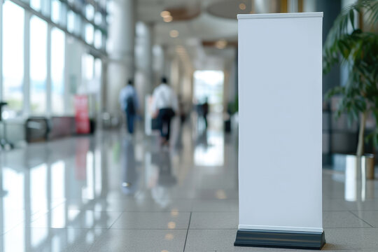 Pull up banner mockup stands in the elegant building hallway. Blank roll up poster for advertising or marketing message in modern interior