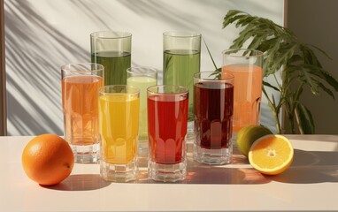 a glass full of different juices sitting on top of a table