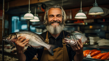 A smiling middle-aged man sells fresh fish in a fish shop. A confident businessman. - Powered by Adobe