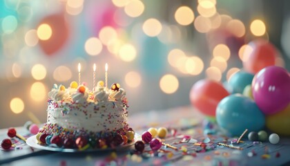 Fototapeta premium a birthday cake sitting on a table with balloons