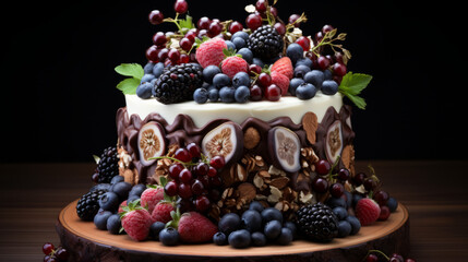 a whole beautiful cake with hazelnuts and fruits