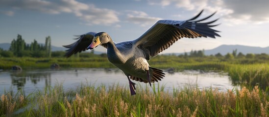 a goose flying in a field near a river - obrazy, fototapety, plakaty