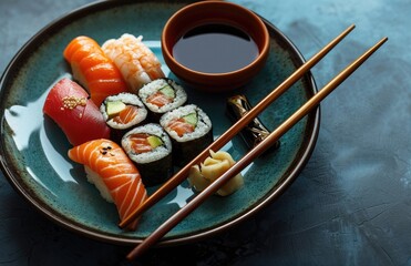 a plate of japanese food with sushi on it and chopsticks sitting