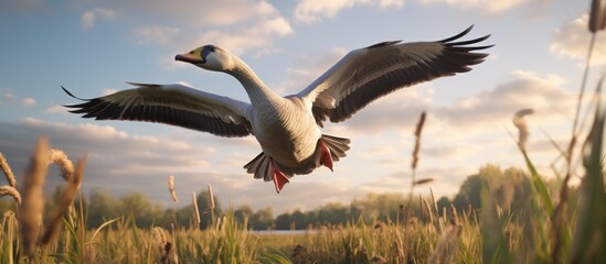 a goose flying in a field near a river