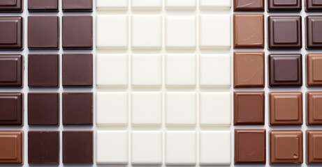 a lot of chocolate bars lay on a white background
