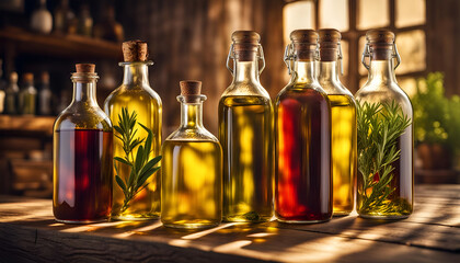 mediterranes Öl Oliven Flaschen Zutat zum Essen Kochen dekorativ auf Holztisch gesunde Kräuter zubereiten leichte Küche flüssiges Gold Feinschmecker Italien Griechenland Spanien Frankreich Essig