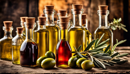 Obraz na płótnie Canvas mediterranes Öl Oliven Flaschen Zutat zum Essen Kochen dekorativ auf Holztisch gesunde Kräuter zubereiten leichte Küche flüssiges Gold Feinschmecker Italien Griechenland Spanien Frankreich Essig