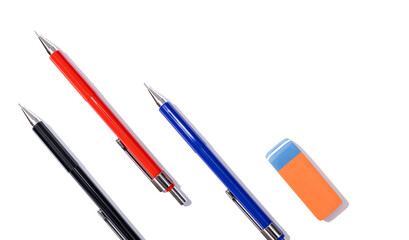 Colorful set of Drafting pencils and eraser on white background. Technical design concept. Copy space