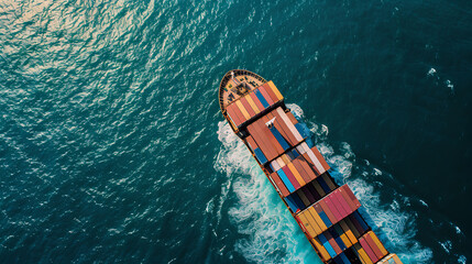 Top view of a cargo ship sailing in the water, loaded with containers, concept of international shipping and transportation - obrazy, fototapety, plakaty