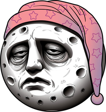 sleep-deprived full moon in a nightcap with stars