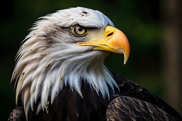 an eagle has a long beak and large white eyes