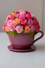 topiary pink flowers in a ceramic pot, flowers in a cup, card with flowers