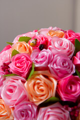 topiary pink flowers in a ceramic pot, flowers in a cup, card with flowers