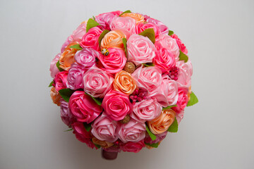 topiary pink flowers in a ceramic pot, flowers in a cup, card with flowers