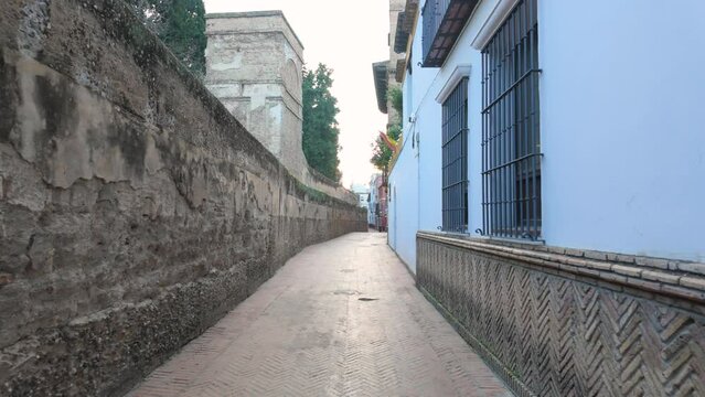 Tourist walking through the narrow streets of the Santa Cruz neighborhood also known as the Juderia or Jewish quarter of Seville.