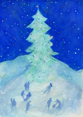 Fotobehang Christmas tree and ice rink. watercolor painting. illustration © Anna Ismagilova