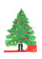 Christmas tree and gifts. watercolor painting. illustration