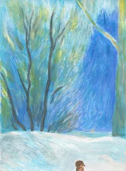 Fotobehang Winter landscape. watercolor painting. illustration © Anna Ismagilova