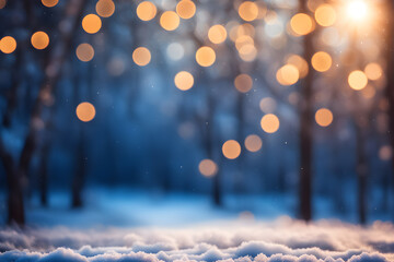 christmas bokeh lights in the snow winter forest, wallpaper