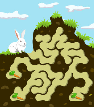 Can you help rabbit to find three carrots? Maze game for small kids with bunny and his burrow. Colorful vector labyrinth inside the earth. Very easy preschool logic puzzle