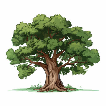 Oak tree flat vector illustration. Oak tree cartoon hand drawing isolated vector illustration.