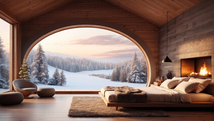 Modern interior design. Cozy and comfortable bedroom with a winter nature behind the window.