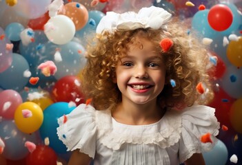 Fototapeta na wymiar little girl holding confetti circus clown smiling in white balloons
