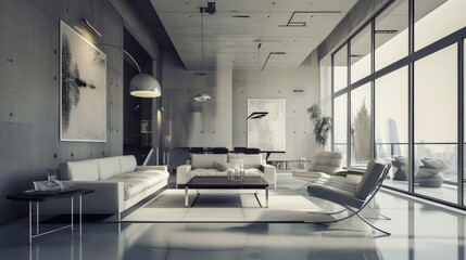 Modern interior design backdrop with minimalist decor, sleek furniture