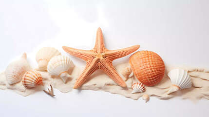 Fototapeta na wymiar A starfish and shells on a white surface with a white background and a white background with a white border