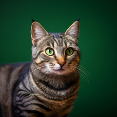 Naklejka na ściany i meble Striped cat with green eyes against a green background
