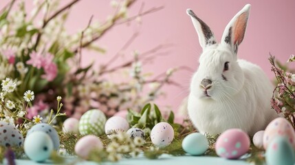 Naklejka na ściany i meble easter holiday background with cute bunny, colorful eggs