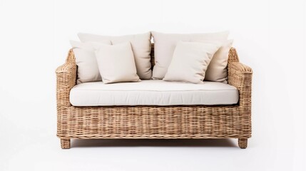 Rattan straw sofa, studio photo, isolated white background