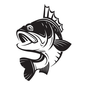 fishing emblem with bass fish isolated on white background