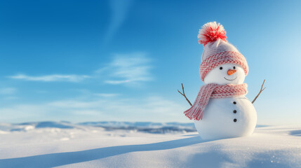 Snowman in a snowy field with just a scarf and hat, clear blue sky, minimalistic and cheerful 