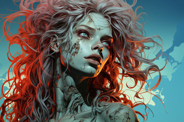 female zombie, close-up portrait. undead, drowned, ghoul girl. negative character. colorful illustration. - obrazy, fototapety, plakaty