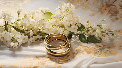 Obraz na płótnie Canvas Two wedding rings and flowers on a white background with gold border and gold border with gold border and white flowers