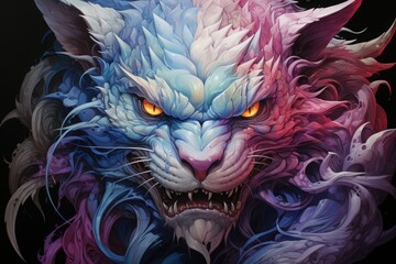 fantasy portrait of a fictional monster, a mythical creature. predator of the feline family. colorful illustration.