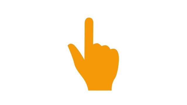 Animated orange symbol of hand with forefinger. Index finger points. Looped video. Vector flat illustration isolated on white background.