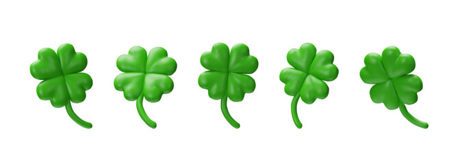 3D render set of clovers. Saint Patrick's Day symbol of luck. Green shamrock variation for celebration. Irish traditional objects in collection for holiday. Celtic vector spring floral plant. - obrazy, fototapety, plakaty