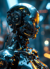 Realistic beautiful Sci-Fi Portrait of android or robot standing in cinematic lighting. 