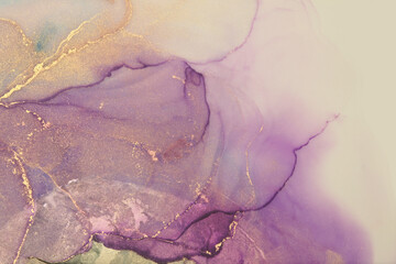 Alcohol ink and watercolor blot. Art Smoke abstract beige, violet and gold glitter color background. Marble texture.