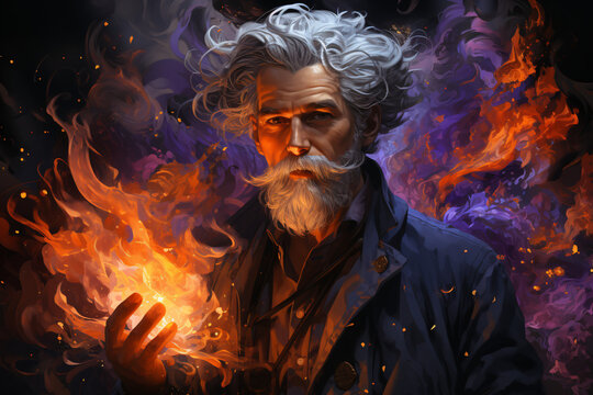 wizard, magician, sorcerer. fantasy character. portrait of a man with a mustache and curly beard, illustration in orange-purple tones.