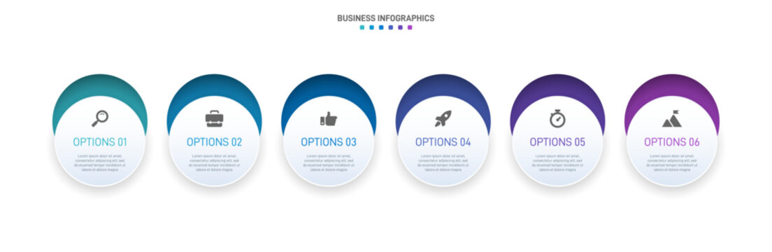 Timeline infographic with infochart. Modern presentation template with 6 spets for business process. Website template on white background for concept modern design. Horizontal layout.