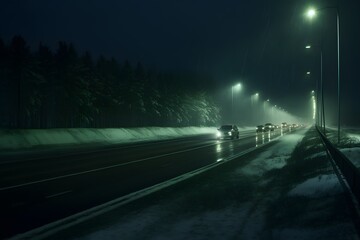 highway at night with cars parked in the snow