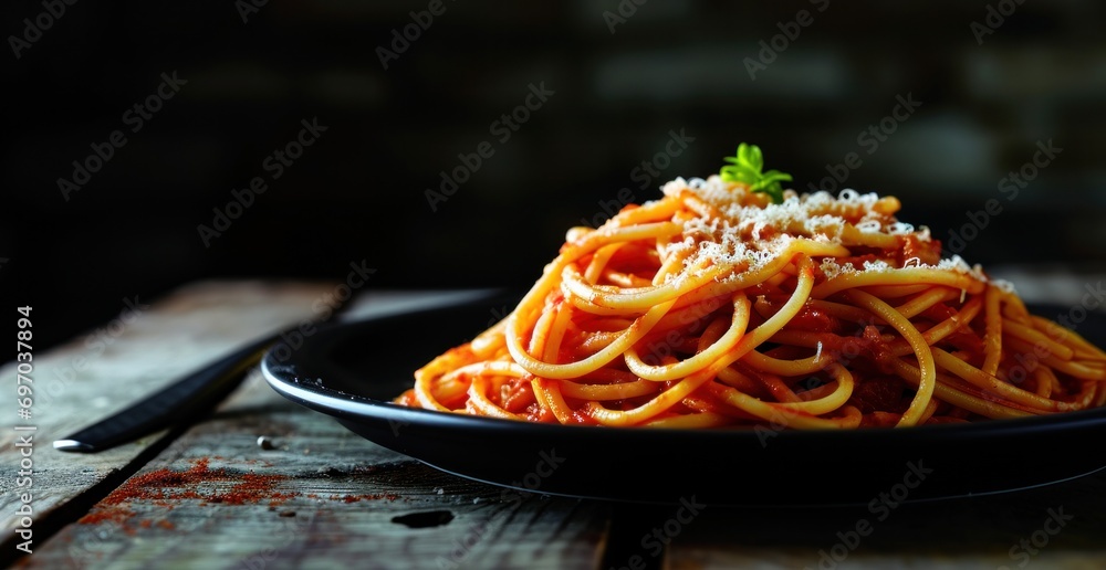 Wall mural spaghetti on a plate on black background