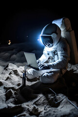 A man programmer in a spacesuit coding using a laptop computer on the moon. Work remote on the moon. - obrazy, fototapety, plakaty