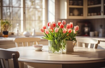 pictures of a beautiful kitchen with table and chairs with tulips
