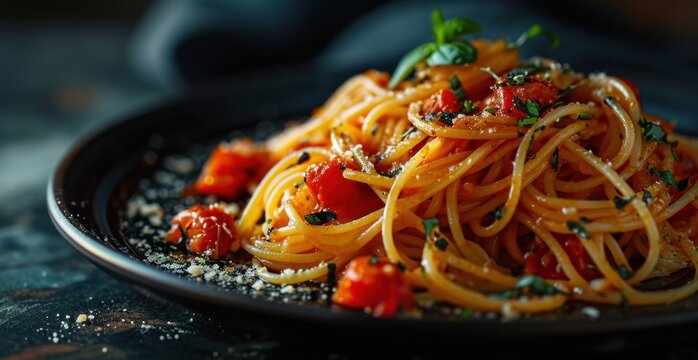 spaghetti on a plate on black background