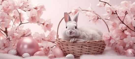 Naklejka na ściany i meble pink bunny and easter eggs in a basket